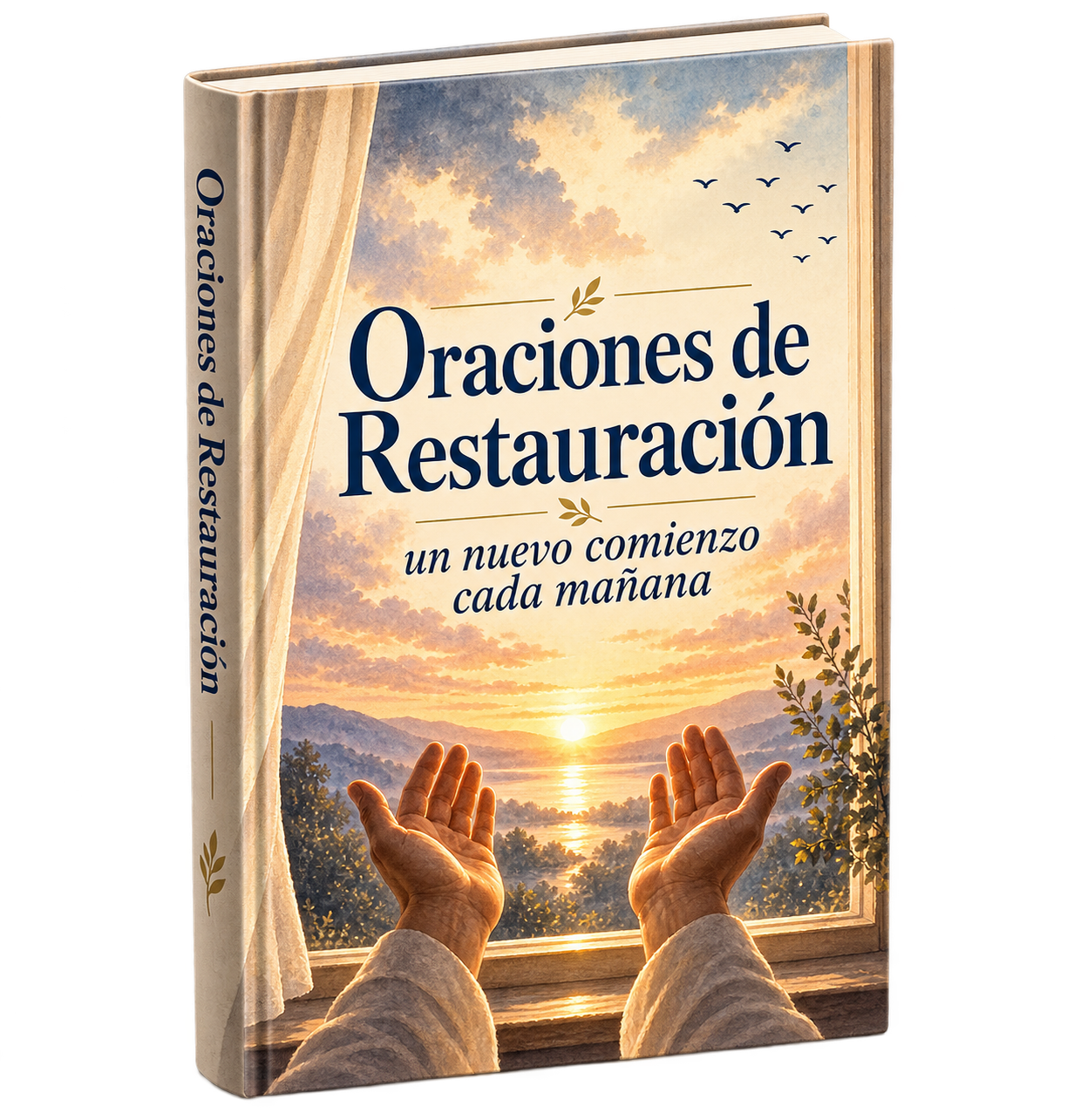 Portada de Oraciones de Restauración: acuarela de unas manos abiertas frente a una ventana con un amanecer sobre el valle