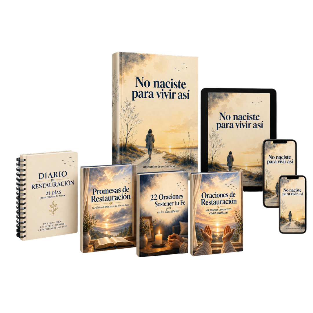 Paquete completo en acuarela: el libro No naciste para vivir así junto al Diario de Restauración y los tres libros de oraciones y promesas, mostrados también en tablet y móvil